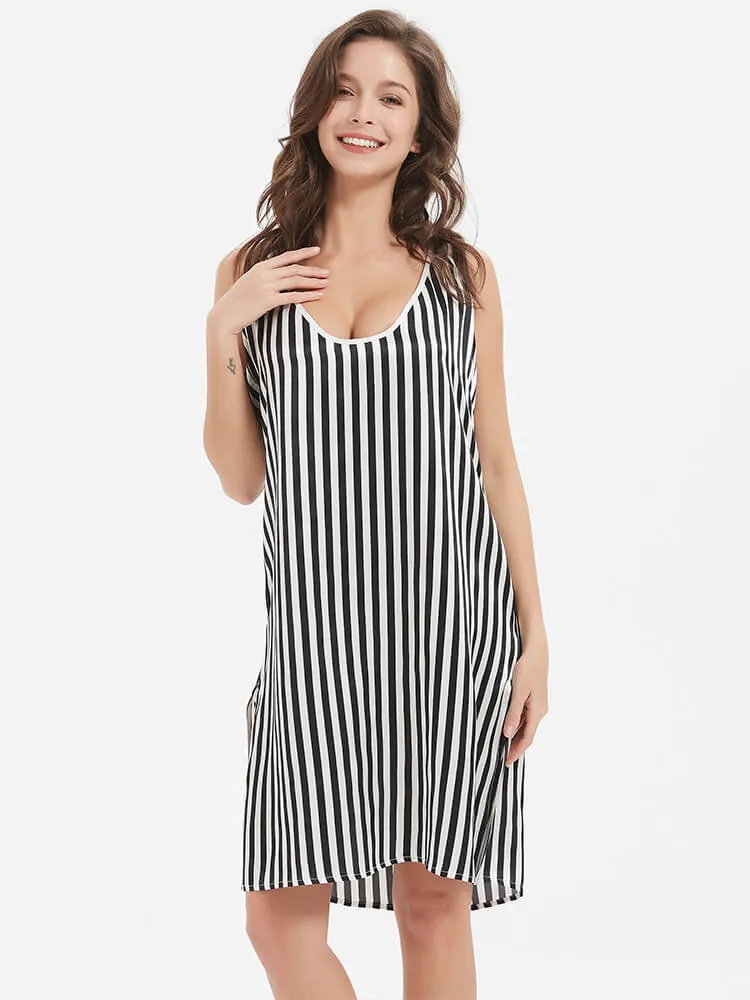22 Momme Black And White Striped Silk Chemise Nightgown